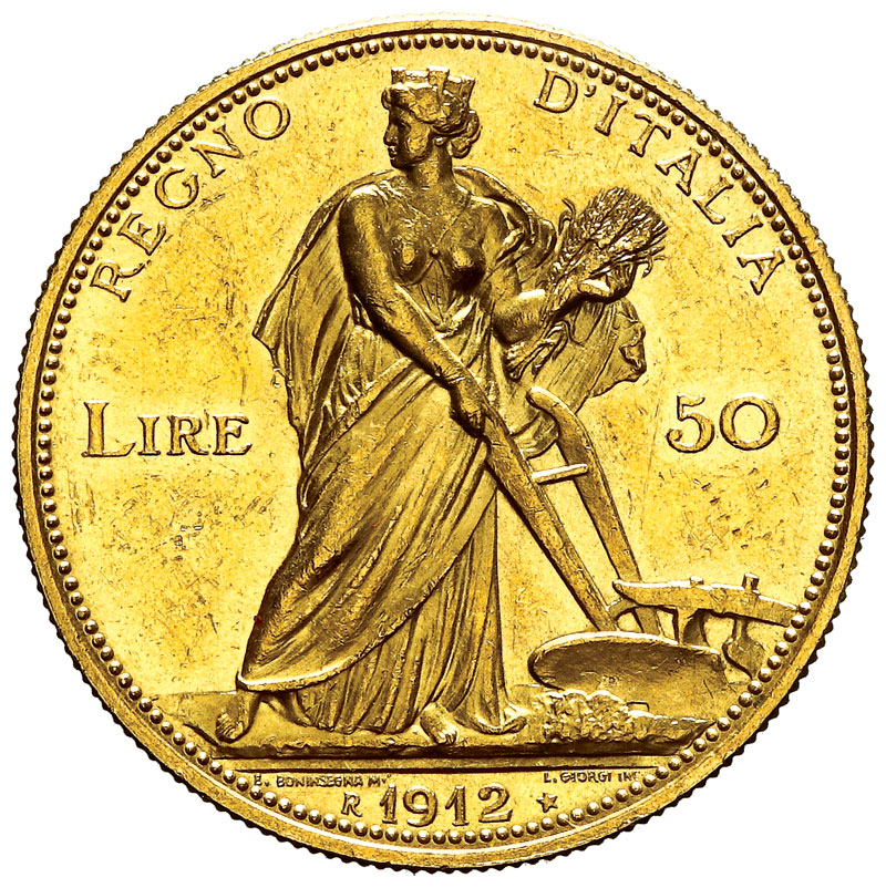 REGNO D'ITALIA Vittorio Emanuele III 50 Lire Aratrice 1912 Roma Oro 16,13g. Gig.16