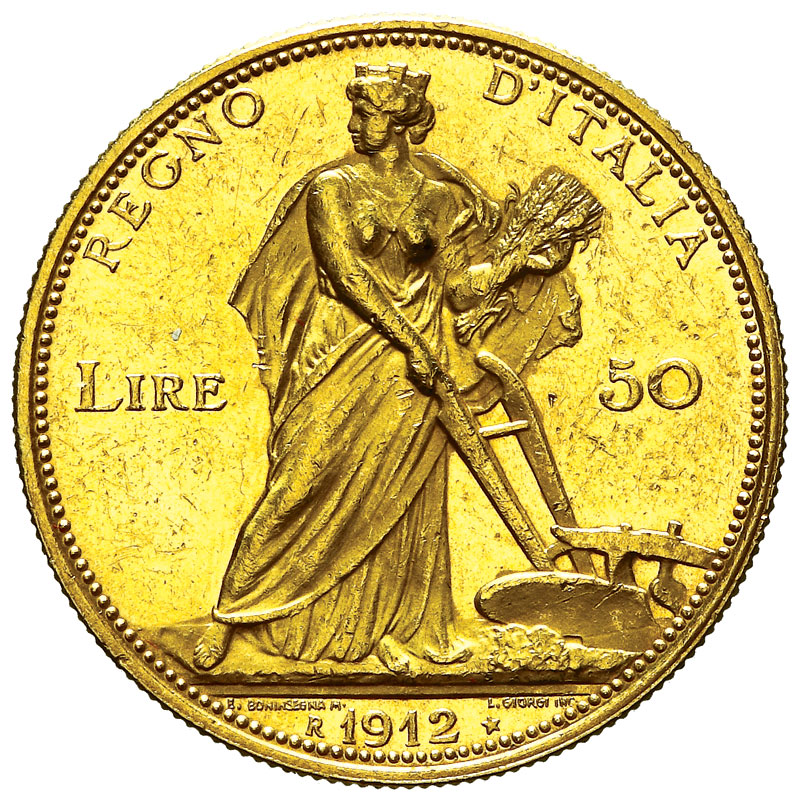 REGNO D'ITALIA Vittorio Emanuele III 50 Lire Aratrice 1912 Roma Oro 16,13g. Gig.16